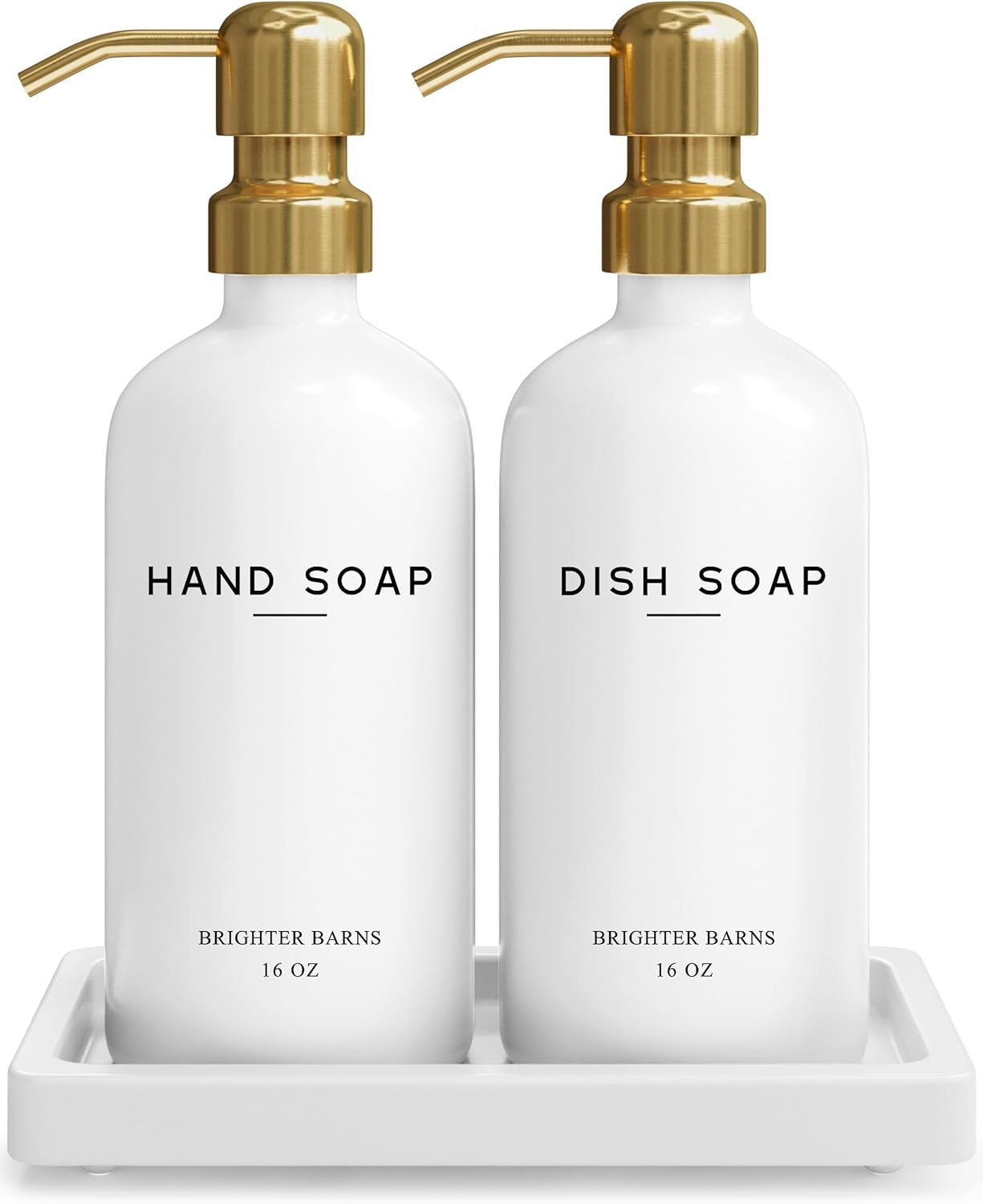 Luxury Glass Hand and Dish Soap Dispenser Set by Brighter Barns - Kitchen Soap Dispenser Set with Tray for Kitchen Sink - White and Gold Home Accessories & Decor for Restaurants, Airbnb, Gift (Gold)