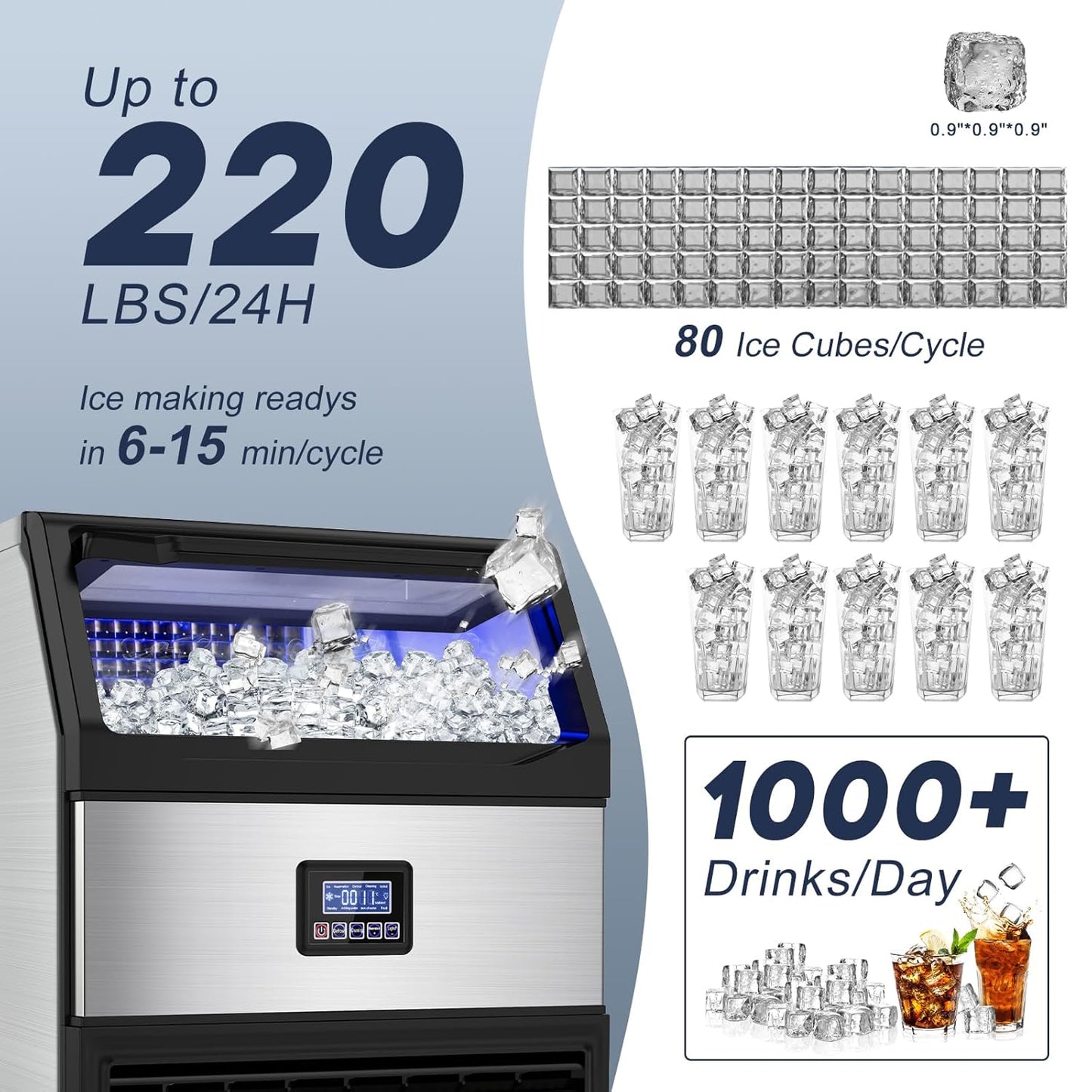 Commercial Ice Maker Machine – 250 Lbs/24H, 75 Lbs Storage Bin, 80 Ice Cubes in 8 Minutes – Freestanding Ice Machine with Water Filter and Scoop for Restaurant, Bar, Home, and Office