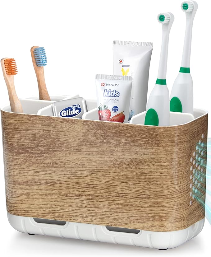 Boperzi Toothbrush and Toothpaste Holder Wood Grain for Bathroom Countertop with Adjustable Dividers, Toothpaste Caddy Organizer Storage Rustic Decor Set Freestanding Anti-Slip for Shower,Family,Kids