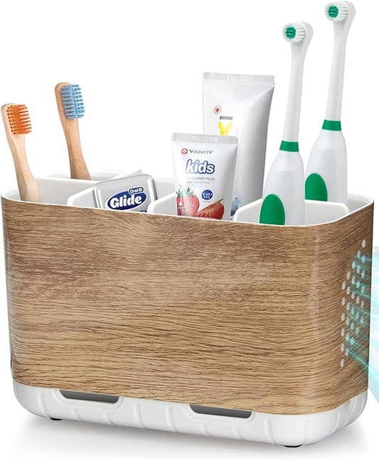 Boperzi Toothbrush and Toothpaste Holder Wood Grain for Bathroom Countertop with Adjustable Dividers, Toothpaste Caddy Organizer Storage Rustic Decor Set Freestanding Anti-Slip for Shower,Family,Kids