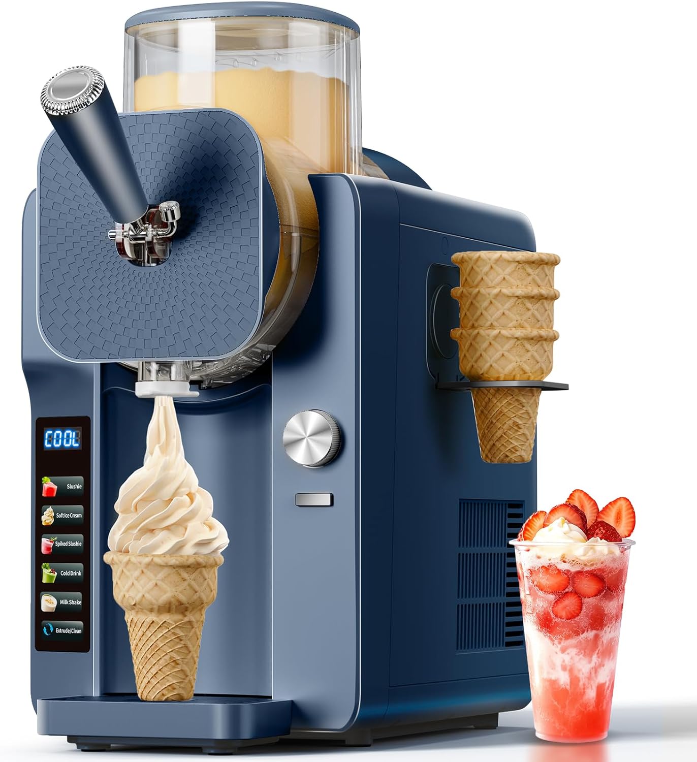 2-in-1 Slush and Ice Cream Maker - 6 Modes for Smoothies, Milkshakes, Cocktails, Margaritas, and Ice Cream, Double-Layer Tank, Ice Cream Cone Holder, Self-Cleaning - Perfect for Home Use