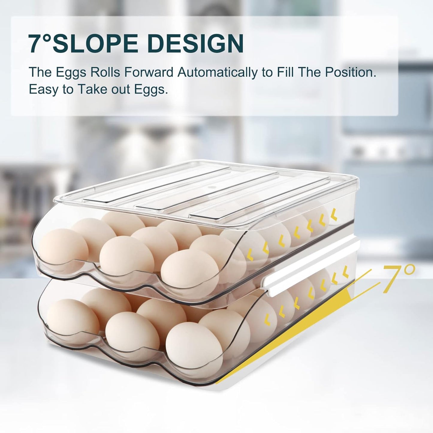 Egg Holder for Fridge, Automatically Rolling Egg Storage Container for Refrigerator,Large Capacity Egg Organizer for Fridge with Lid,Clear Plastic Dispenser, Tray & Bin -2 Layer