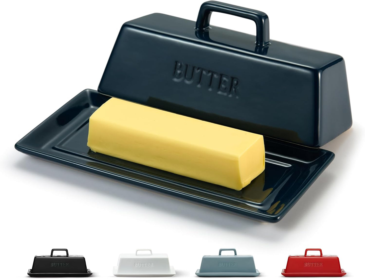 Kook Ceramic Butter Dish with Lid, Kitchen Countertop Butter Keeper, Serving Tray with Cover, Storage Container, Holds 1 Stick, Microwave and Dishwasher Safe, Navy Teal