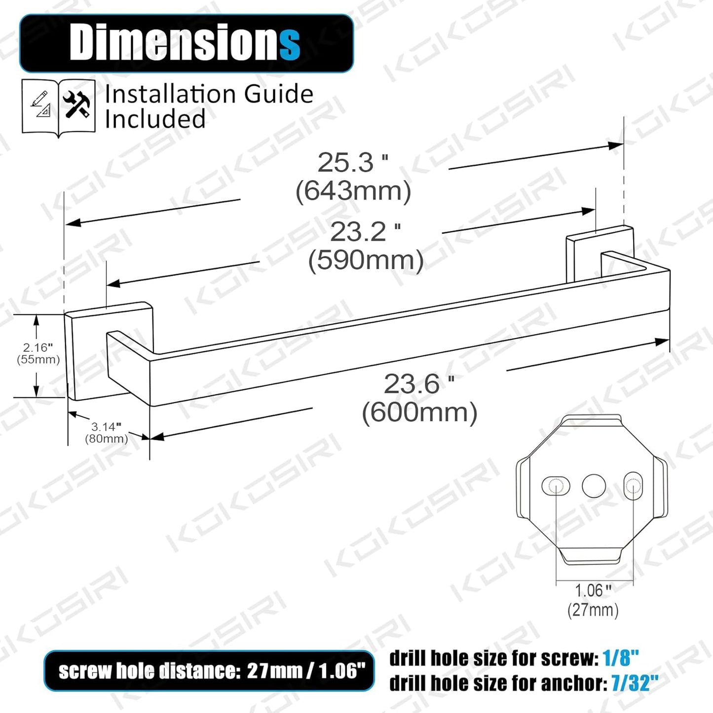 KOKOSIRI 24-Inch Single Towel Bar, Bathroom Kitchen Towel Holder, Wall Mounted SUS304 Stainless Steel Towel Rack 2 Pack, Brushed Gold, B4003BG-L24-P2