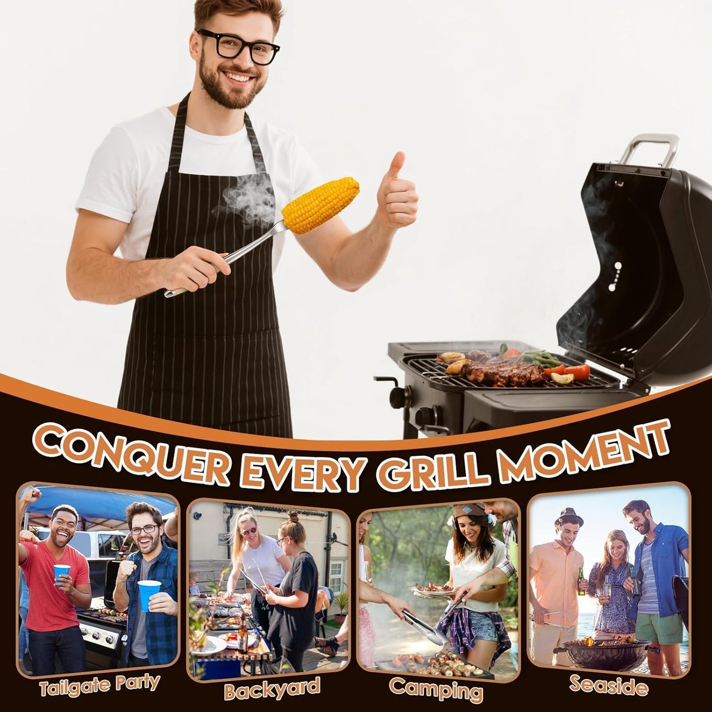 TIVOLI 3PCS Grilling Accessories, Heavy Duty BBQ Tool Set with Stainless Steel Spatula, Tongs, Fork, Wood Handles Barbecue Utensils Kit for Outdoor, Perfect Grill Gifts for Dad Men