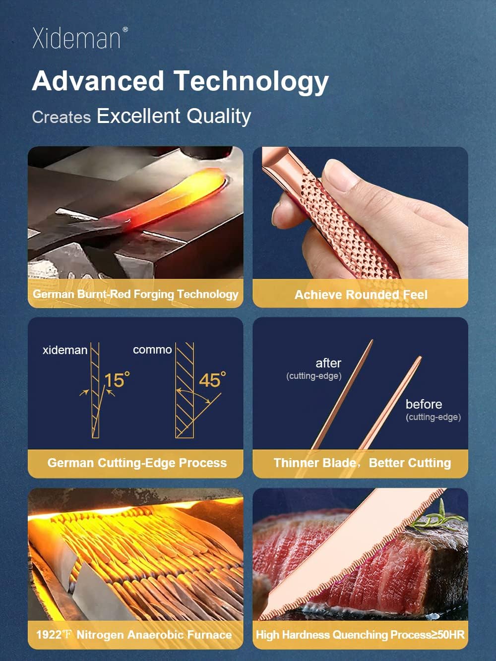 16-Piece Modern Copper Hammered Silverware Set with Ultra Sharp 2-IN-1 Serrated Knife, Rose Gold 18/10 Stainless Steel Flatware Set, Utensil Cutlery Set for 4 Person, Forks Spoons Knives Set