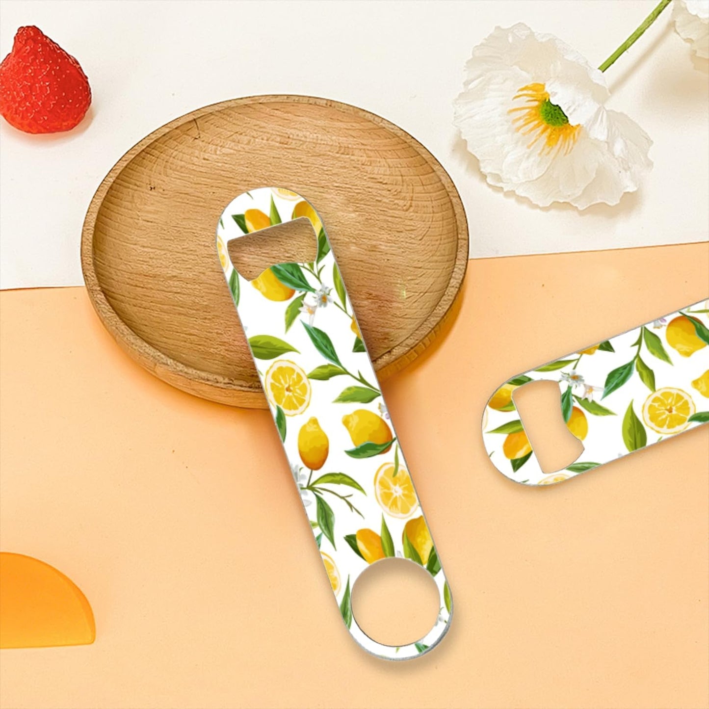 2 PACK Beer Bottle Opener, Stainless Steel Flat Bottle Openers,7 inch Metal Decor,Lemon With Flowers