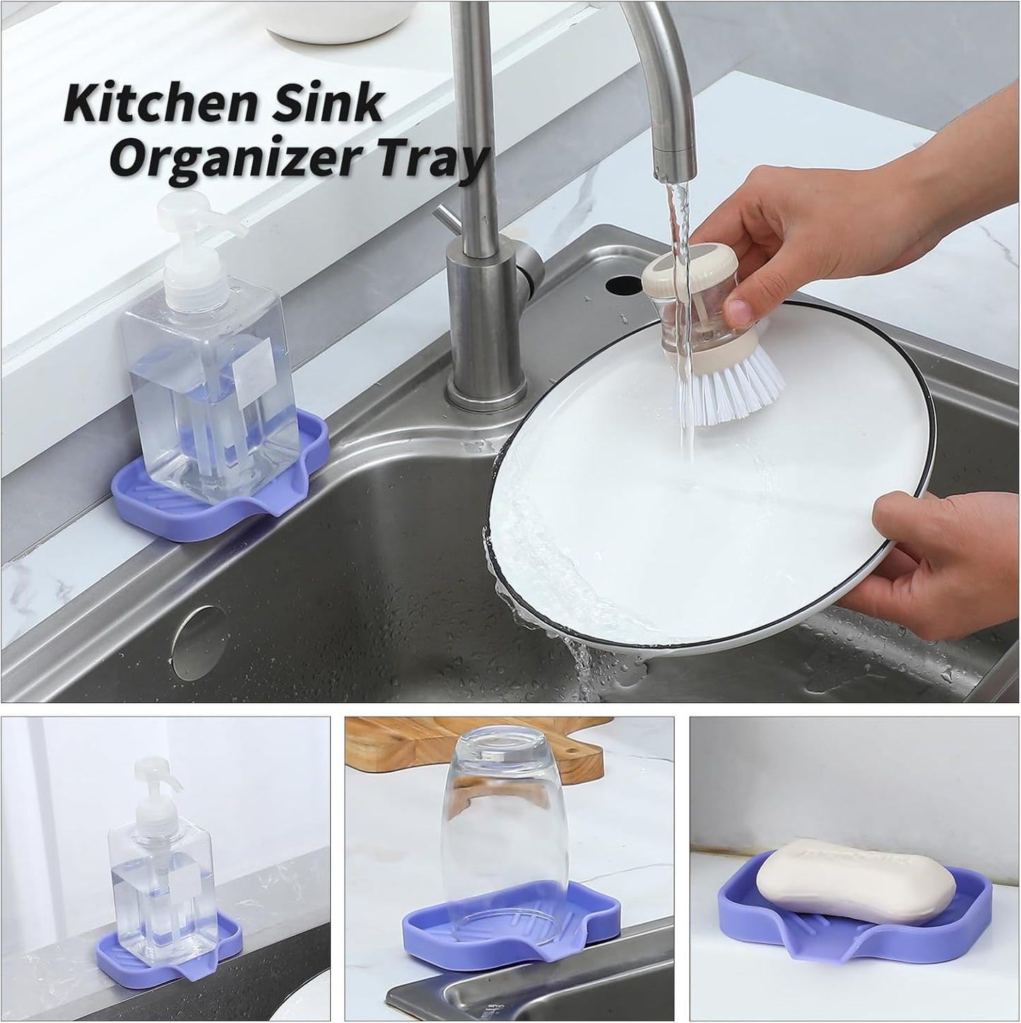 Silicone Bathroom Soap Dishes with Drain Spout-Bathroom and Kitchen Sink Organizer,Sponge Holder,Dish Soap Tray,Perfect for Dispenser,Scrubber,Bottle on Sink or Counter-Light Purple 4.9"×3.2"