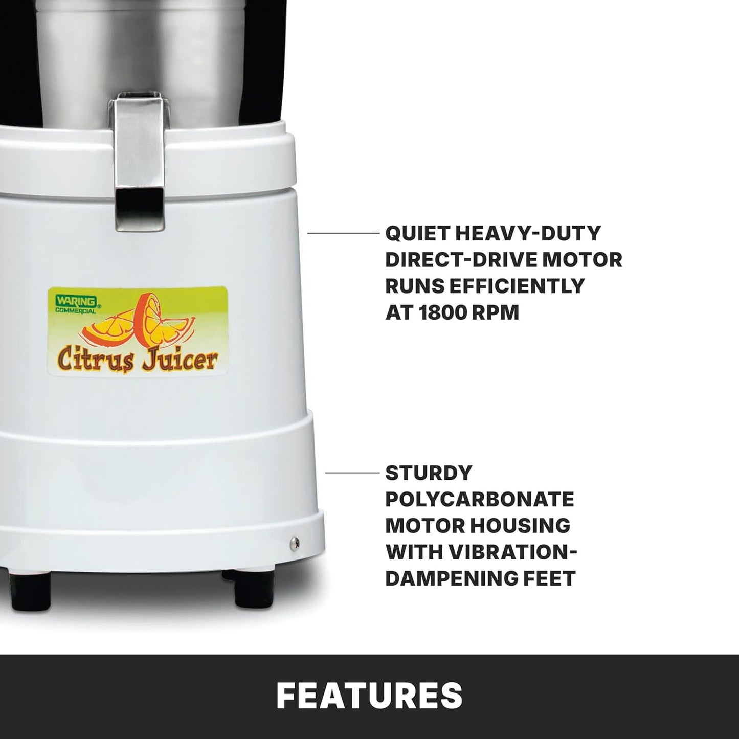 Waring Commercial JC4000 Heavy Duty Citrus Juicer with Dome, 120V, 5-15 Phase Plug, 10 x 10 x 19.5 inches, White