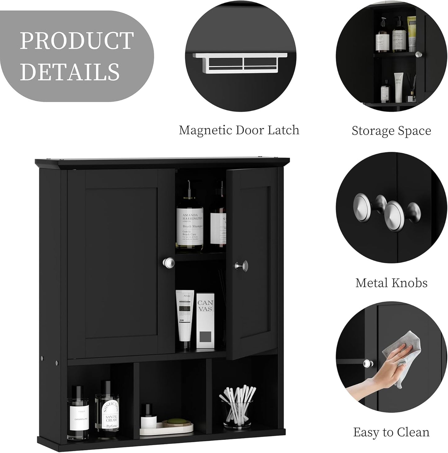 Shintenchi Bathroom Wall Cabinet with Door, Storage Organizer Over The Toilet Medicine, Space Saving with Adjustable & Open Shelf, Black