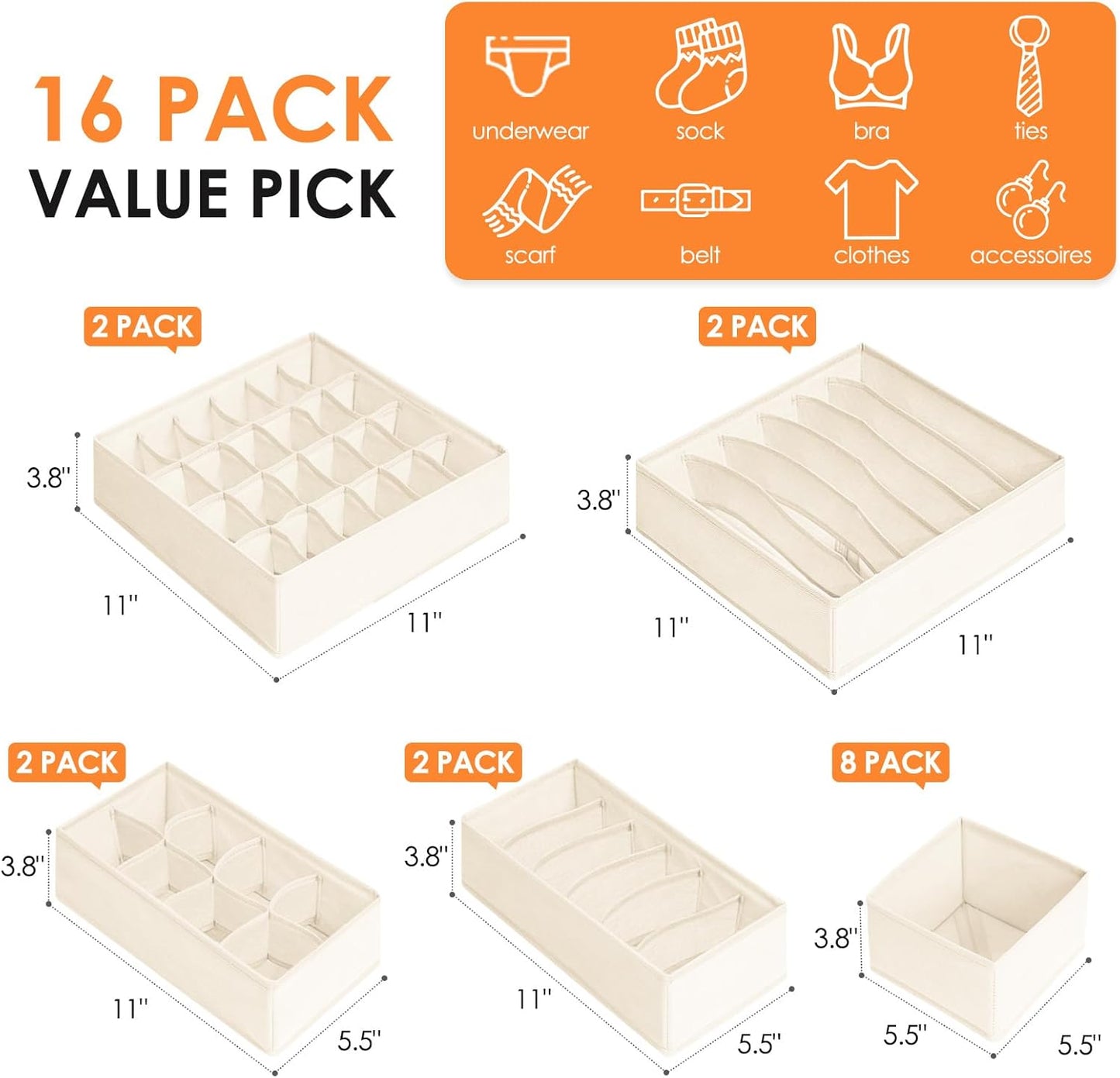 Drawer Organizer Clothes, 16 Pack Dresser Organizer Bins for Baby Clothes, Underwear Sock, Fabric Closet Organization and Storage Dividers for Nursery Bedroom (96 Compartments, Beige)