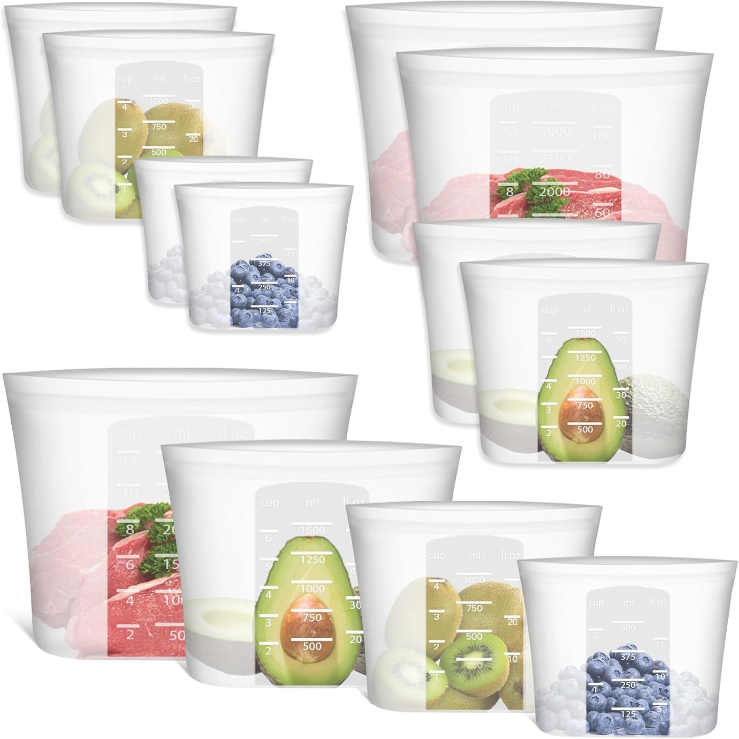 Reusable Storage Bag, 8 Pack 100% Silicone Food Storage Bags Stand Up Zip Lock Bags for Food, Freezer Microwave Oven Dishwasher Safe, 2 X-Large(0.8 Gallon) 2 Medium 2 Small 2 X-Small, Translucent