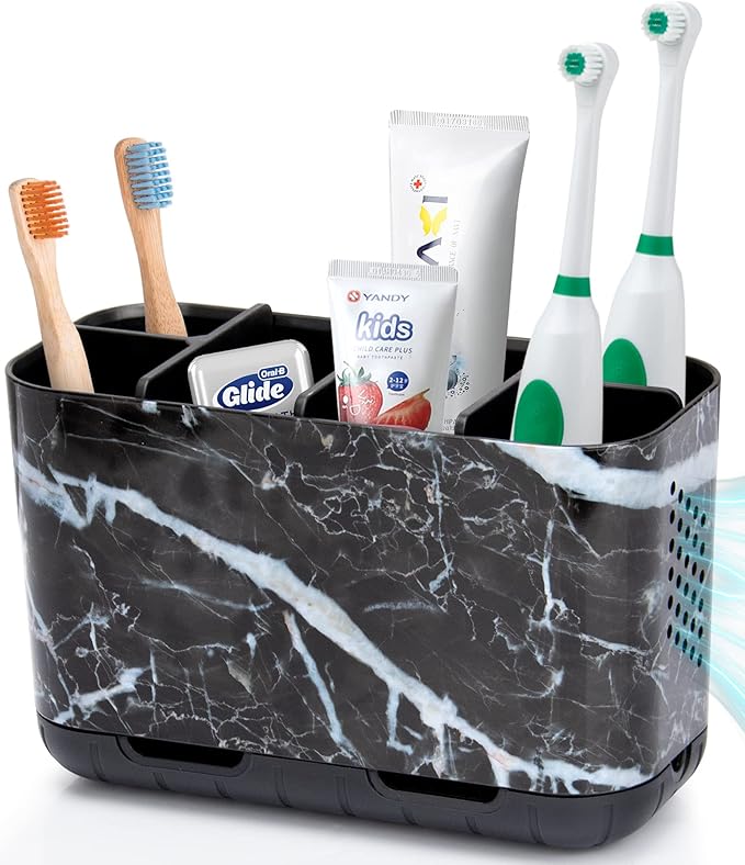 Boperzi Black Toothbrush Holder for Bathroom Toothpaste Organizer Countertop, Detachable Anti-Slip Marble Toothpaste Storage Caddy 6 Slots with Drainage Holes for Makeup Brush Razor Stand