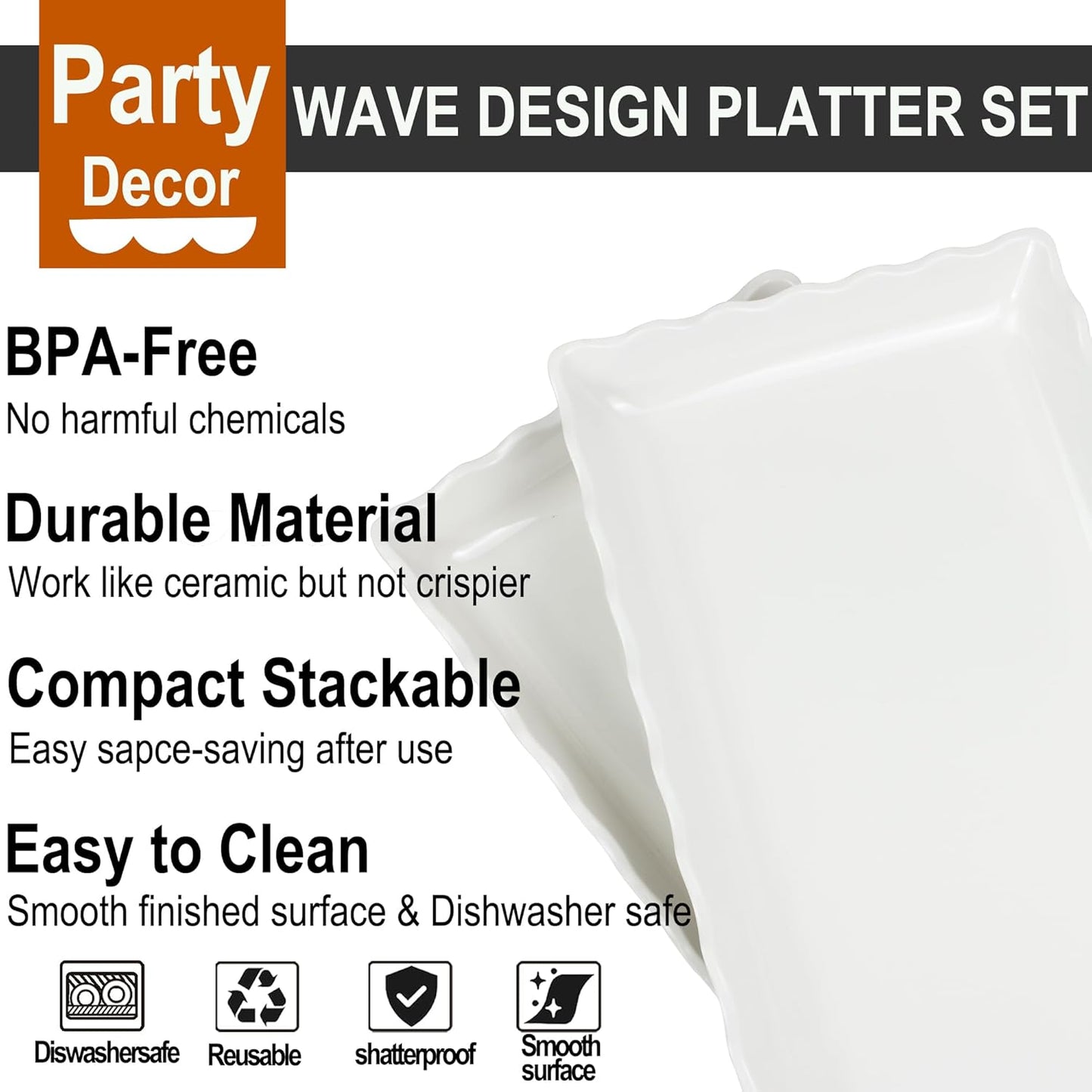 KAQAHIDO 17" x 8" x 1.5" White Serving Tray Set, Wave Edge Melamine Platters for Cookie, Appetizer, Charcuterie, Snack, Dessert, Party Food Display, Stackable, Set of 2