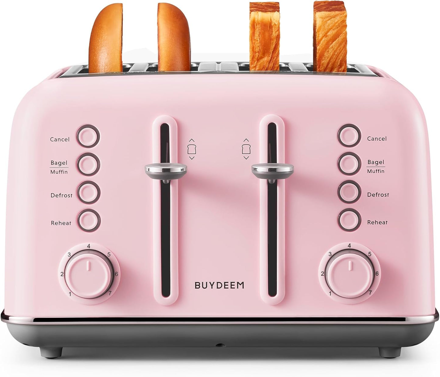 BUYDEEM DT640 4-Slice Toaster, Extra Wide Slots, Retro Stainless Steel with High Lift Lever, Bagel and Muffin Function, Removal Crumb Tray, 7-Shade Settings,Pink