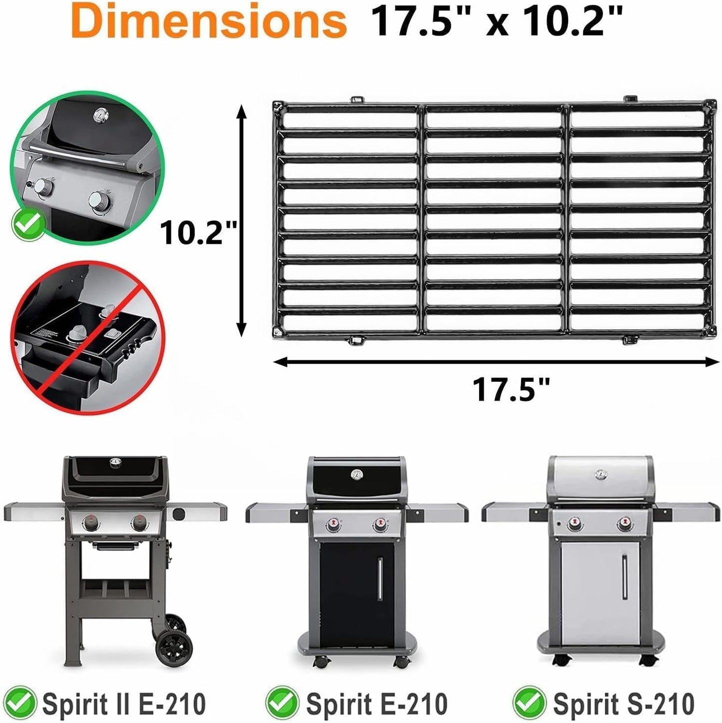 Uniflasy 17.5" Porcelain-Enameled Cast Iron Grill Grates for Weber Spirit E-210 S-210 E-220 S-220, Spirit I & II 200 Series with Front Control, 7637 Polished Grill Grate Replacement Parts, 2-Pack