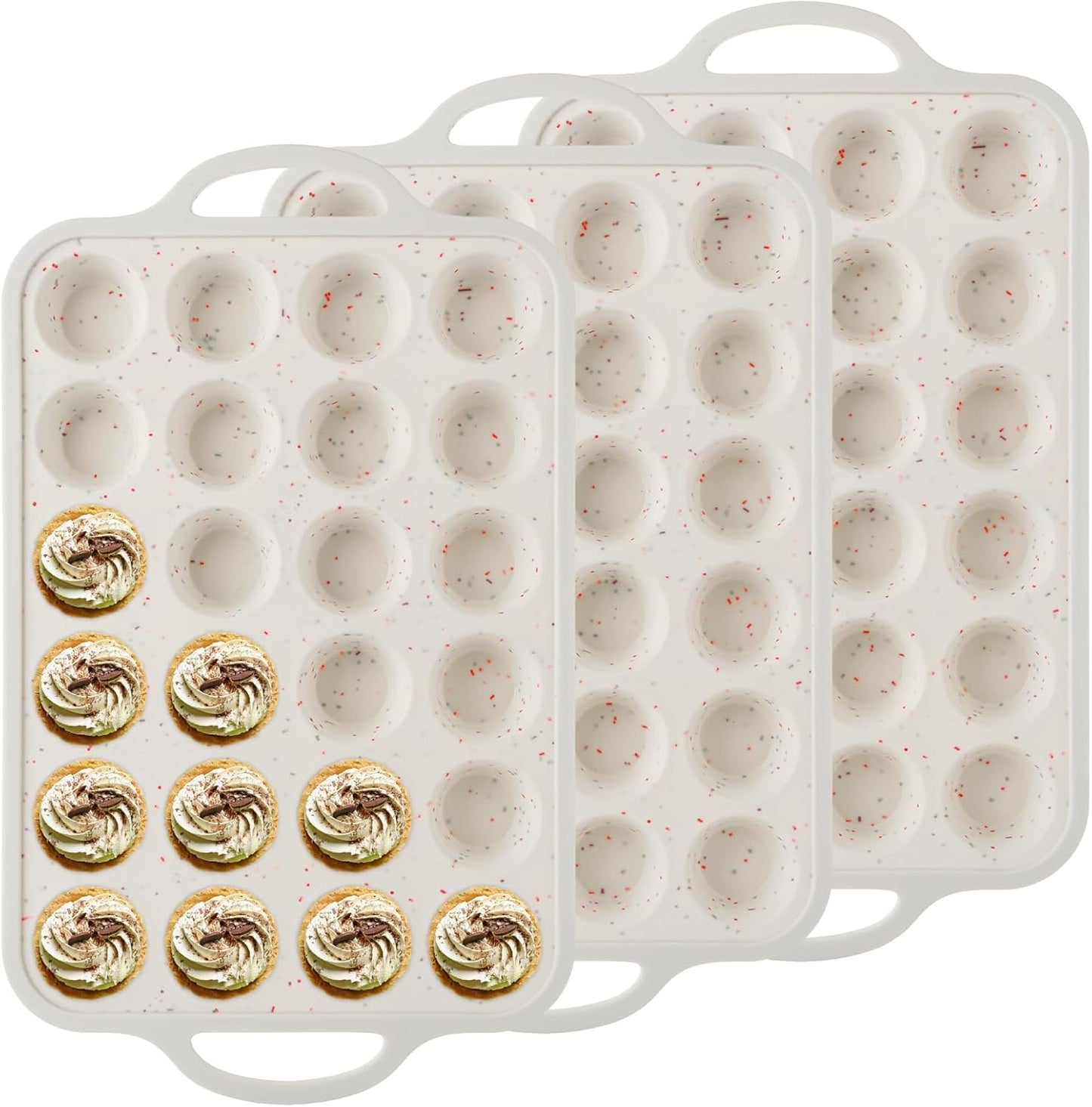 3 Pack Silicone Muffin Pan for Baking 24 Cup Mini Silicone Cupcake Pan with Metal Reinforced Frame, Nonstick Baking Cups BPA Free Silicone Cupcake Molds for Oven Dishwasher Safe, Cream