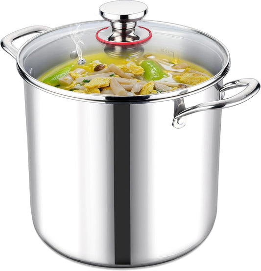 LIANYU 12 QT Stock Pot with Lid, 12 Quart Deep Tall Large Soup Pot for Cooking, Stainless Steel Tri-Ply Heavy Duty Large Stockpot, Nonstick Induction Stockpot with Measuring Mark&Glass Lid