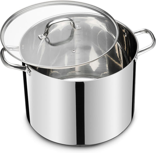 20 QT Stainless Steel Large Stock Pot, LIANYU Heavy Stockpot with Glass Lid, Deep Soup Canning Pot for Stewing Simmering, Tri-ply Base for Induction, Halogen Cooktops, Dishwasher Safe