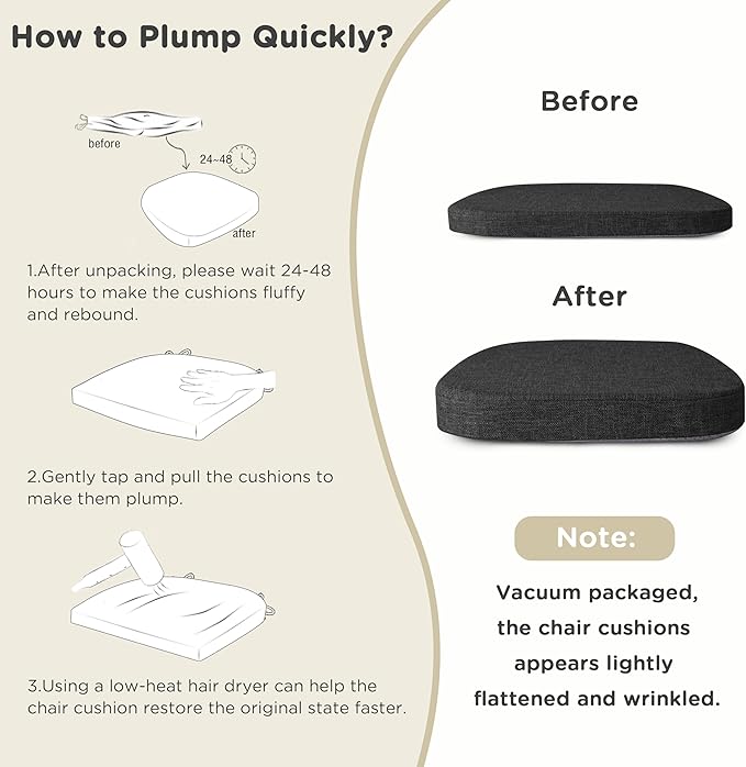 AddGrace Set of 6 Chair Cushions for Metal Dining Chairs 14x14 Chair Pads with Ties Non Slip Thick Seat Cushions with Textured and Removable Cover Black