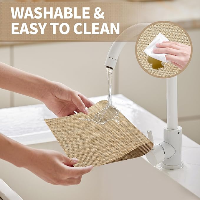 Beige Placemats Set of 8-Durable PVC Vinyl Woven Place Mats for Dining Table Heat Resistant Non-Slip Washable Indoor/Outdoor Table Mats 12 * 17 inch