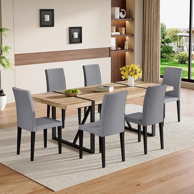 86.6" Dining Table Set for 6, Modern 7 Piece Wood Kitchen Table and Chairs Set, Rectangle Dining Room Table with 6 Linen Fabric Upholstered Chairs, Ideal for Apartment, Kitchen, Dining Room
