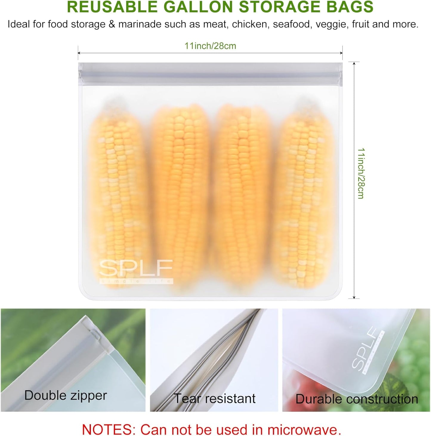 SPLF 6 Pack Reusable Gallon Freezer Bags Dishwasher Safe, BPA FREE Reusable Food Storage Bags, Extra Thick Leakproof Silicone Free 1 Gallon Bags for Marinate Meat, Cereal, Sandwich, Snack, Travel Item