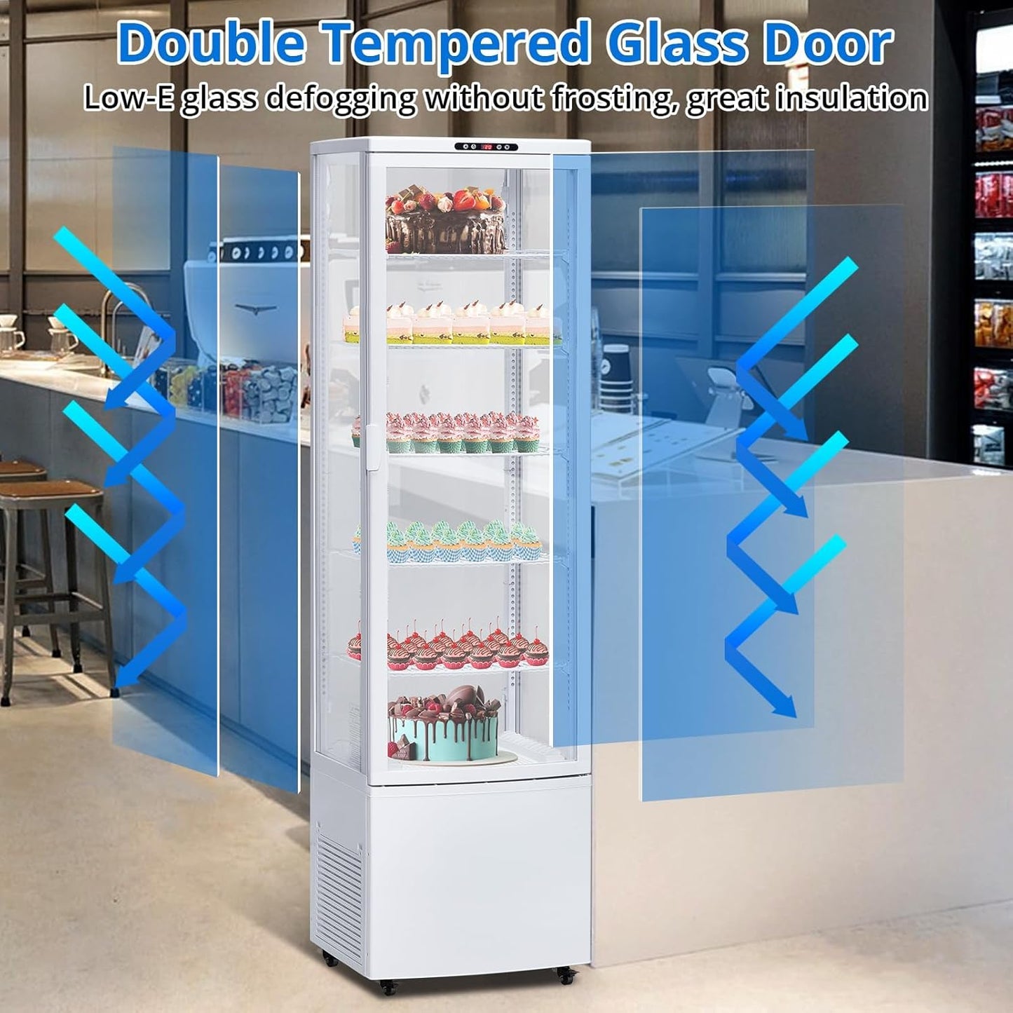 10.5 Cu.Ft Refrigerated Display Case, Floor-Standing Display Refrigerator with LED Light and Adjustable Shelves, Commercial Display Fridge with Casters for Cakes, Coffee, Bakery, Supermarkets, Store