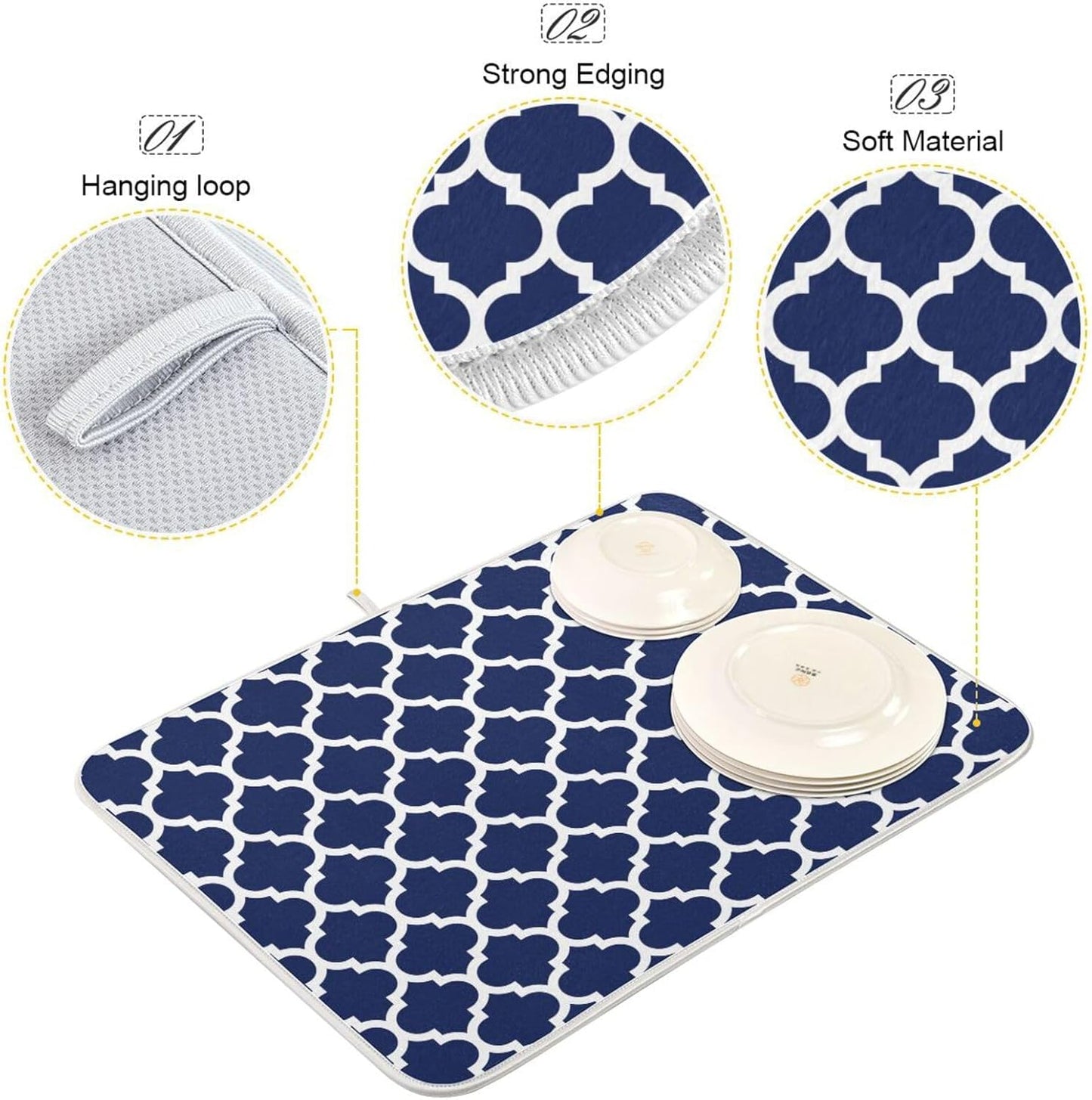 Navy Blue Trellis Lattice Dish Drying Mat for Kitchen Counter Absorbent Microfiber Drying Pad, Large 18x24 in, Reversible Drainer Mats