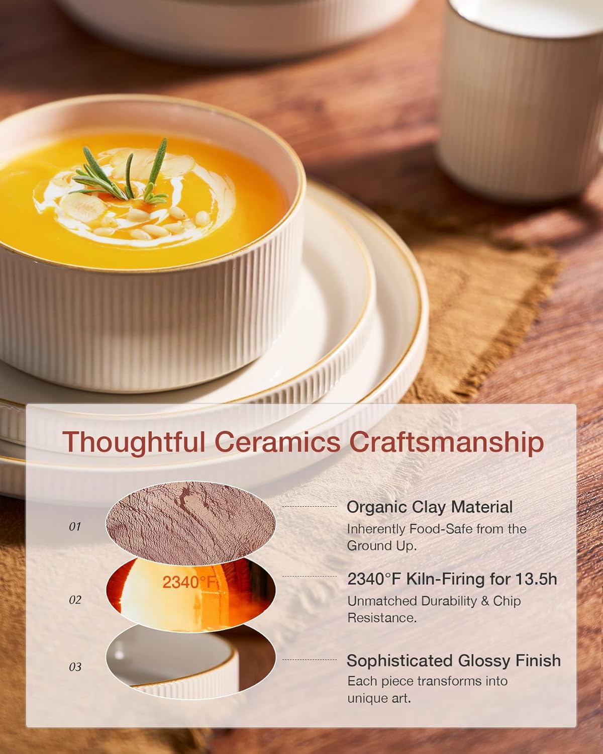 Famiware Star Dinnerware Set, Plates and Bowls Sets for 4 (12pcs), Ribbed Stoneware Dishes - Chip & Scratch Resistant, Microwave & Dishwasher Safe Tableware, Vanilla White