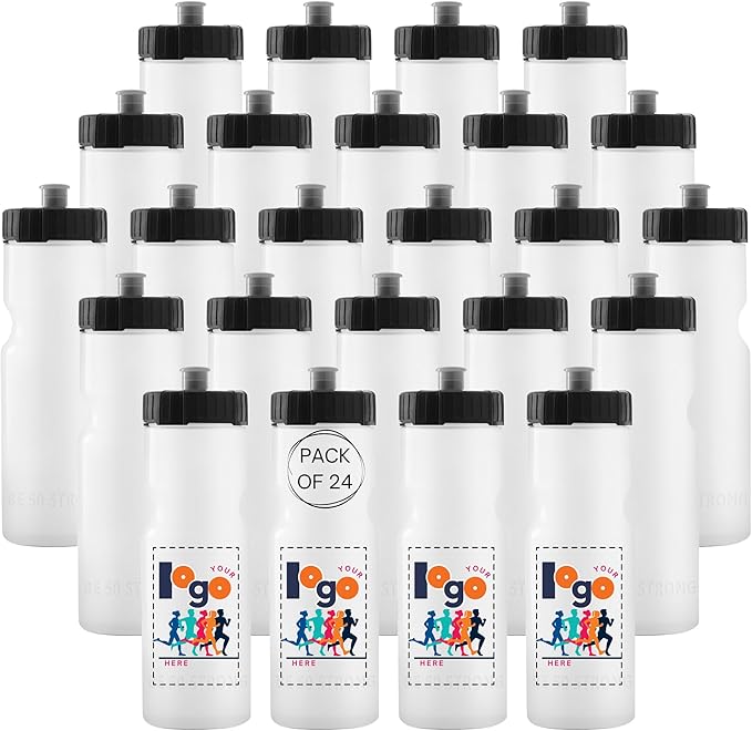 50 Strong Bulk Water Bottles | 24 Pack Sports Bottle | 22 oz. BPA-Free Easy Open with Pull Top Cap | Made in USA | Reusable Plastic Water Bottles for Adults & Kids | Top Rack Dishwasher Safe