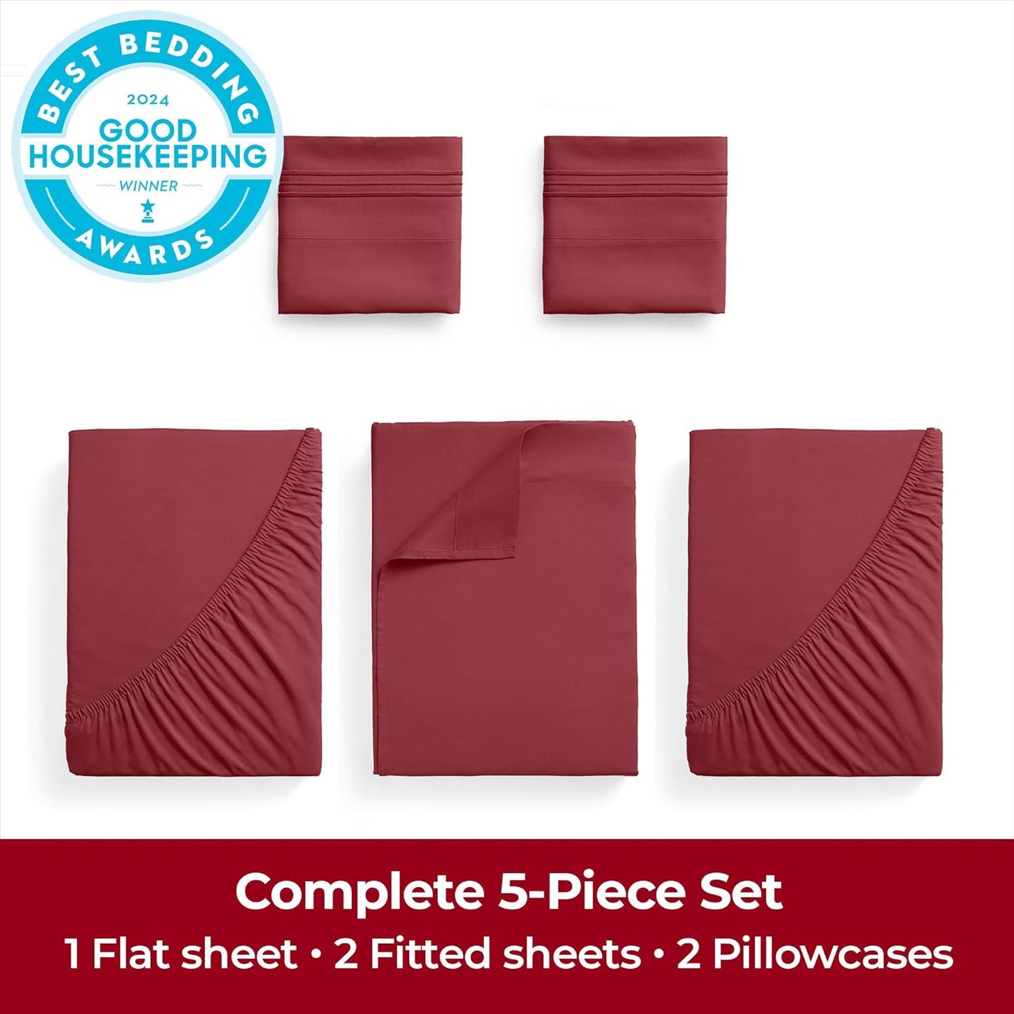 Mellanni Extra Deep Split King Sheets - 5 PC Iconic Collection Bedding - Hotel Luxury, Ultra Soft, Cooling Bed Sheets - Wrinkle, Fade, Stain Resistant (Split King, Brick Red)
