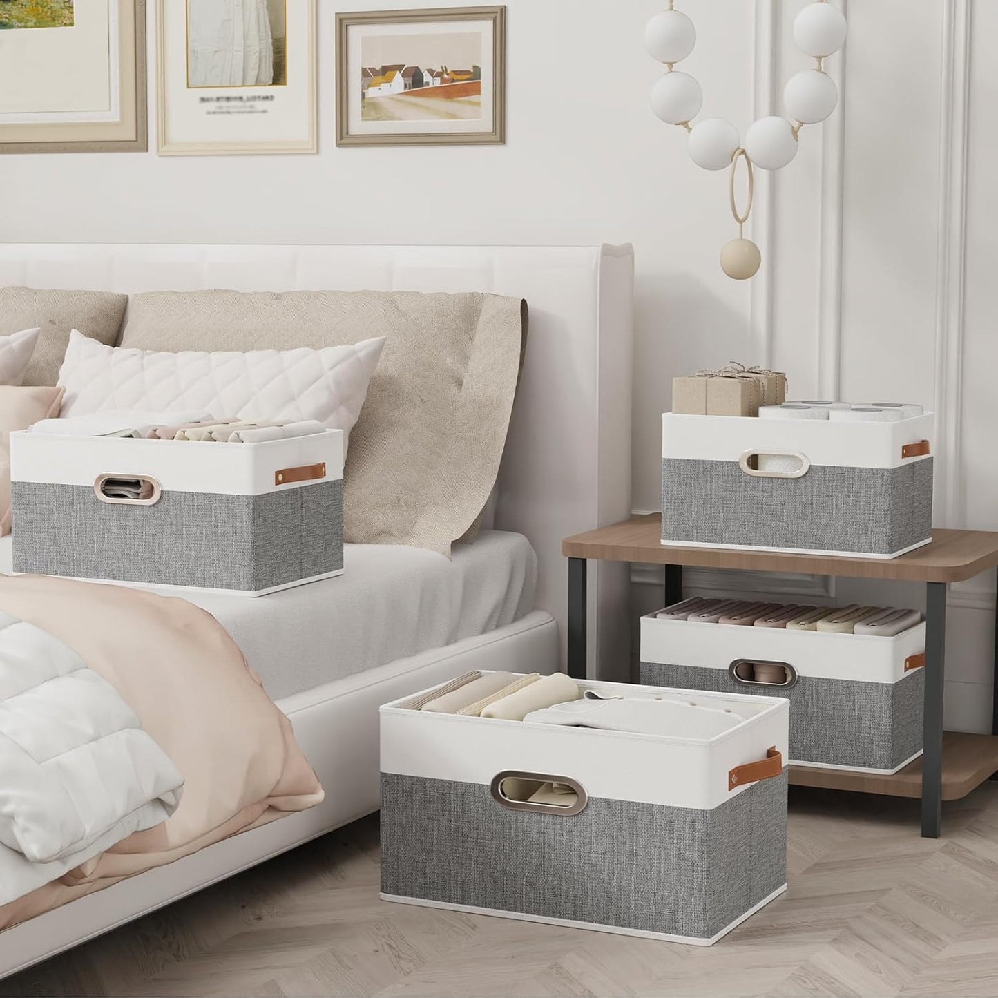 Yawinhe Fabric Storage Baskets, Foldable Closet Organizer for Shelves, Large Boxes with 3 Handles, Canvas Bins for Clothes, White/Grey, 12.99''Lx9.05''Wx7.87''H, 6-Pack