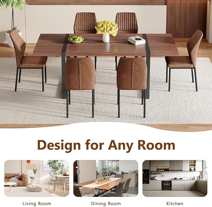 86.6" Dining Table Set for 6, Modern 7 Piece Wood Kitchen Table and Chairs Set, Rectangle Dining Room Table with 6 PU Leather Upholstered Chairs, Ideal for Apartment, Kitchen, Dining Room