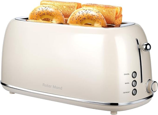 Roter Mond 4 Slice Toaster Retro Stainless Steel Toaster with Bagel, Cancel, Defrost Function and 6 Bread Shade Settings Bread Machine, Long Extra Wide Slots and Removable Crumb Tray, Cream