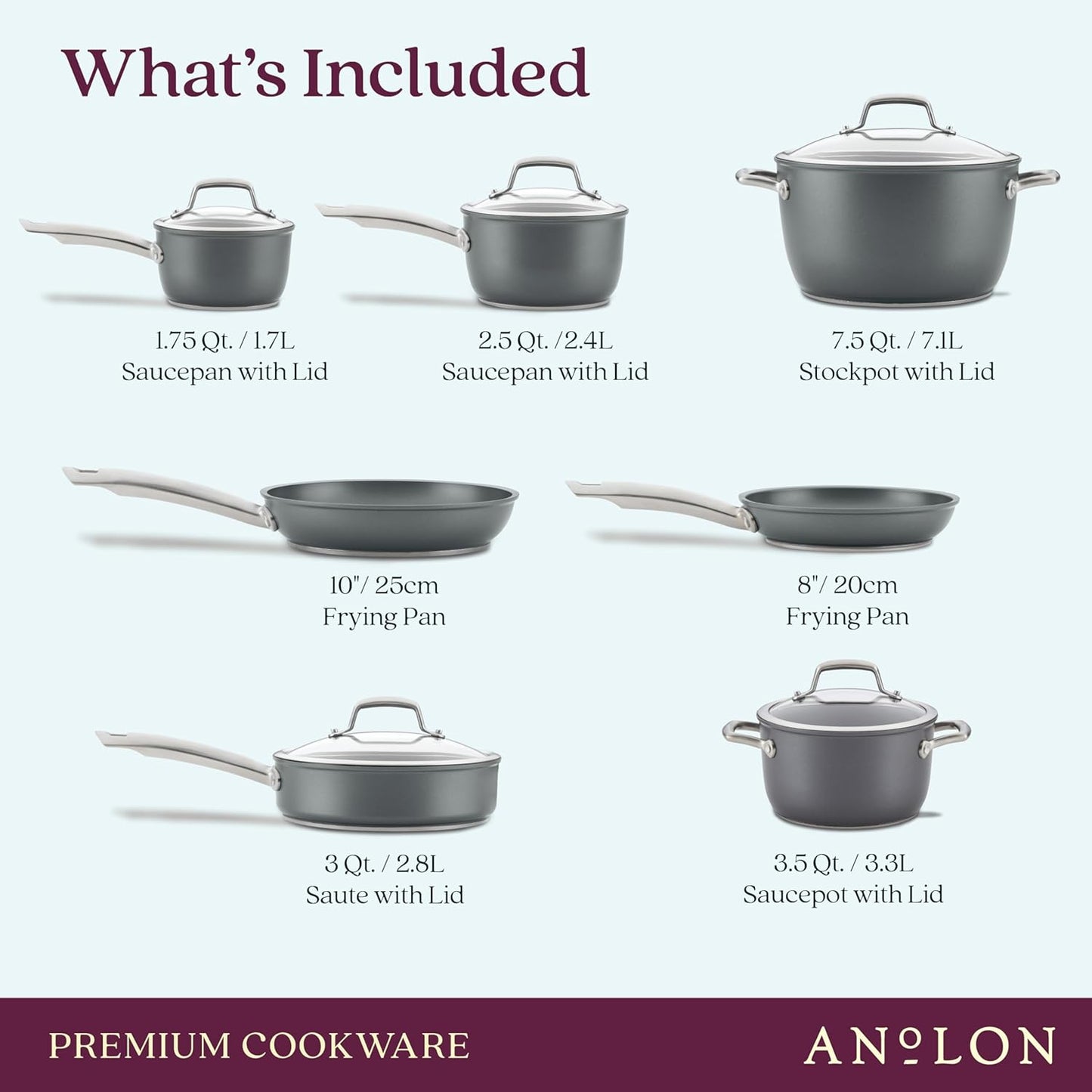 Anolon Accolade Forged Hard Anodized Nonstick Pots & Pans - Induction Cookware Set - 12 Piece - Moonstone Gray