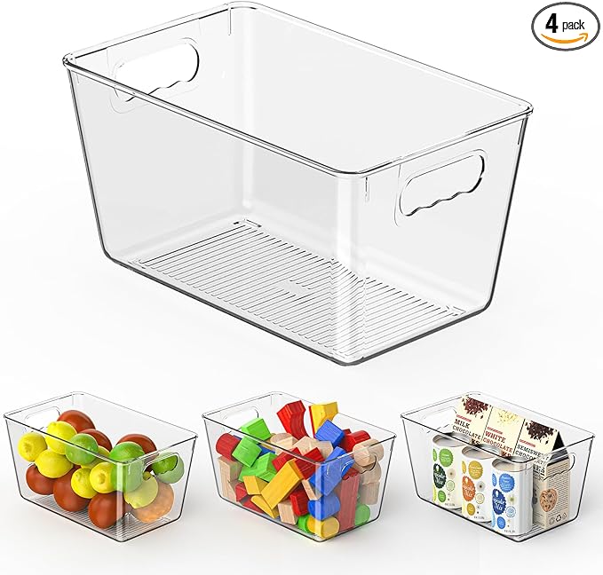 Clear Pantry Organizer Bins, Plastic Organizers & Storage Containers, Cabinet Organizer, Home Organization Must Haves for Kitchen, Laundry Room, Office, Closet & Freezer (4 Pack)