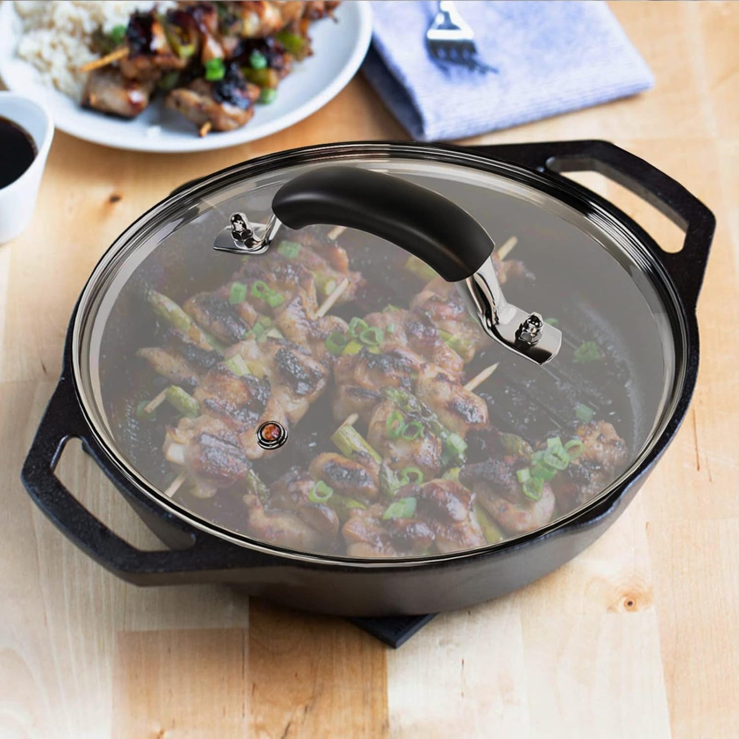 12 Inch Tempered Glass Pot Lid Compatible with 12” Lodge Cast Iron Skillets and 7 Quart Dutch Ovens - Designed with Steam Vent Hole and Heat Resistant Handle