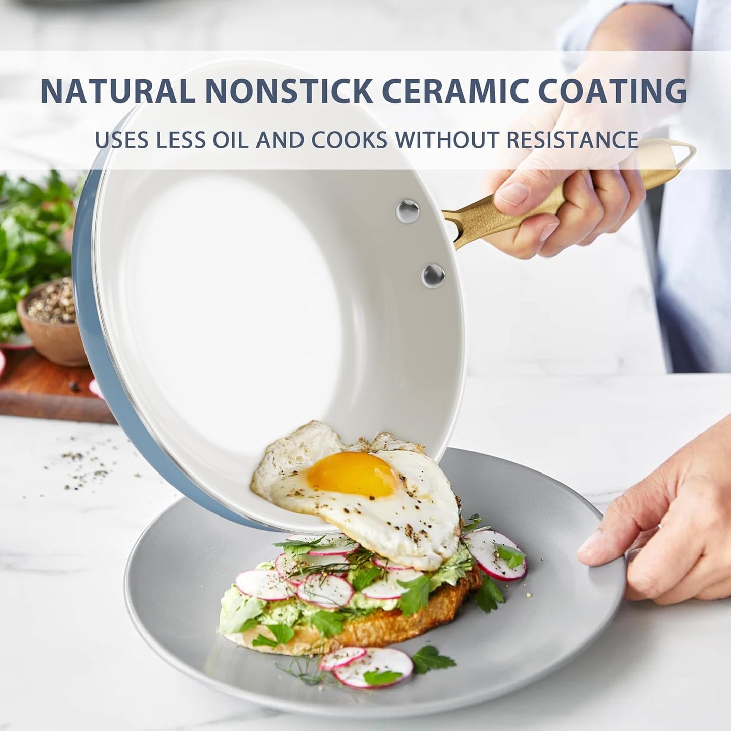 Ceramic Cookware Set, VONIKI 16 Pcs Pots and Pans Set Non Stick, Kitchen Cookware Sets with Cooking Utensils Set, Non Toxic Cookware Set White Gold Pan Set for Cooking Pot Oven & Dishwasher Safe, Gift