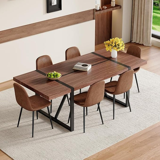 86.6" Dining Table Set for 6, Modern 7 Piece Wood Kitchen Table and Chairs Set, Rectangle Dining Room Table with 6 Upholstered Suede Chairs, Ideal for Apartment, Kitchen, Dining Room