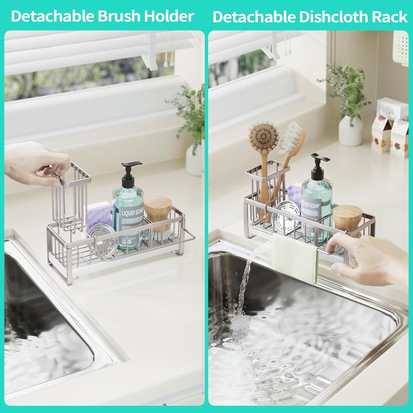 HapiRm Sponge Holder for Kitchen Sink - Self-draining Sink Caddy with Brush Holder and Dishcloth Holder, Stainless Steel Kitchen Organizer for Countertop - Brushed Nickel