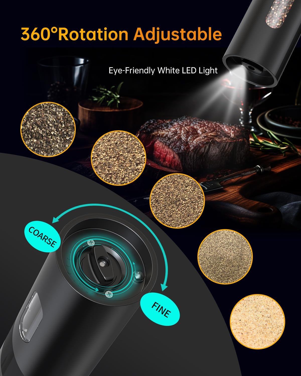 CIRCLE JOY Electric Pepper Mill Top-Refill Battery Operated Black Pepper Grinder with Upgraded Large Capacity, Adjustable Coarseness, Led Light