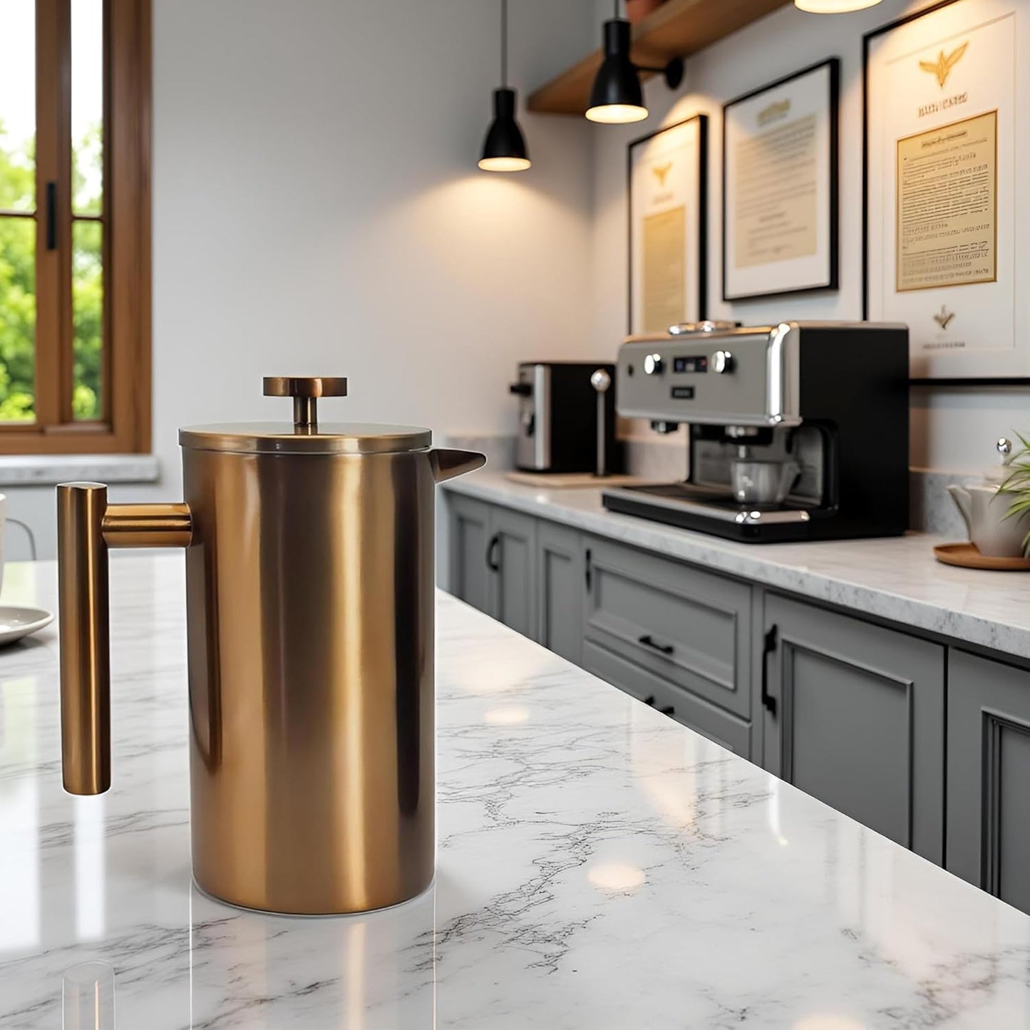 YJX 34oz Coffee Maker, Stainless Steel French Press, 1 Liter Camping Coffee Pot, Tea Maker, 34 Ounce Travel Coffee Presses, Heat Resistant Double Insulated (Coppery)