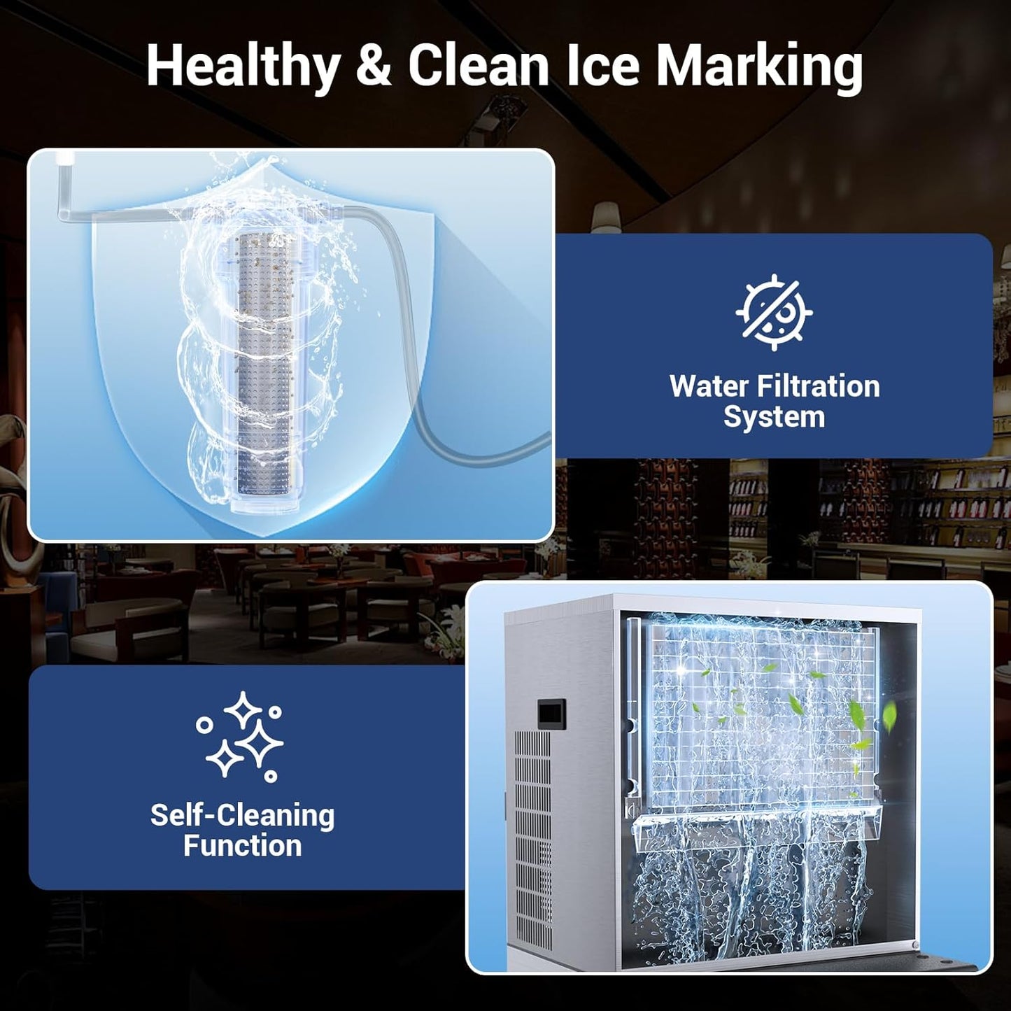 Commercial Ice Maker Machine 550lbs/24H, Ice Ready in 5-15 min, 360lbs Large Storage Bin, Stainless Steel Ice Machine with Water Line Hookup, 12 Adjustable Ice Thicknesses