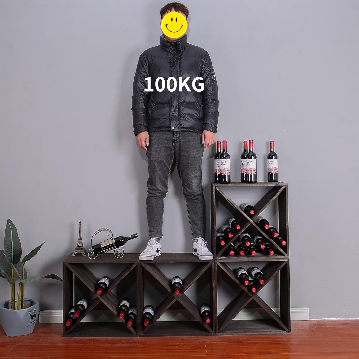 Wine Rack Cabinet countertop Wooden Stackable Storage Retro Cube freestanding Floor Wine Bottle Holder Stand(96BottleBlack)