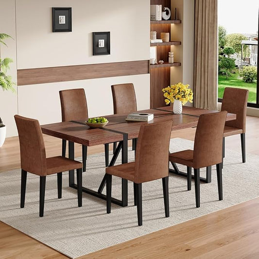 86.6" Dining Table Set for 6, Modern 7 Piece Wood Kitchen Table and Chairs Set, Rectangle Dining Room Table with 6 PU Leather Upholstered Chairs, Ideal for Apartment, Kitchen, Dining Room