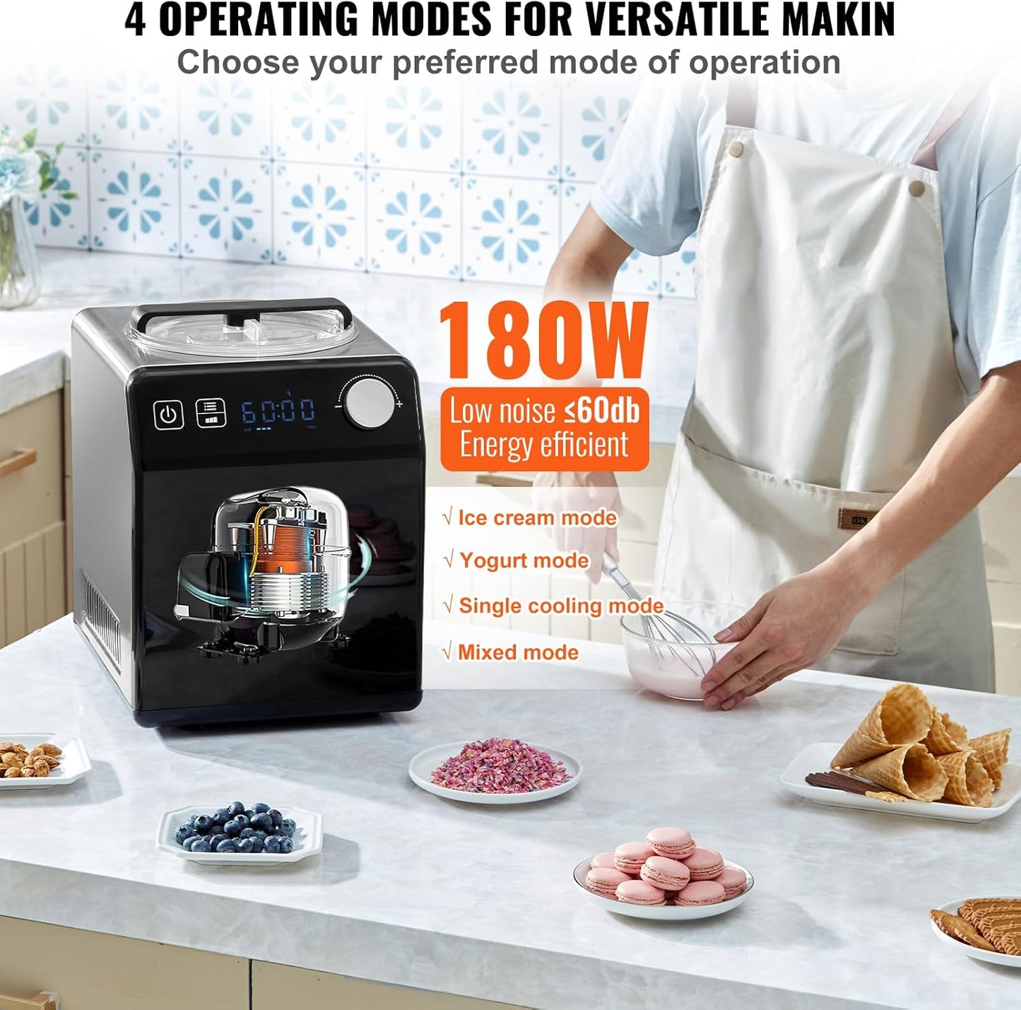 VEVOR Upright Automatic Ice Cream Maker with Built-in Compressor, 2 Quart No Pre-freezing Fruit Yogurt Machine, Stainless Steel Electric Sorbet Maker, 4 Modes Gelato Maker with Digital Display & Timer