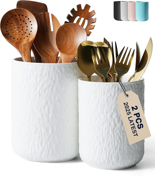 Set of 2 Utensil Holder, 7"+5" Ceramic Kitchen Utensil Holder for Countertop, Large Cooking Utensil Crocks for Counter, Morden Utensil Organizer for Spatula, Kitchen Decor (White)