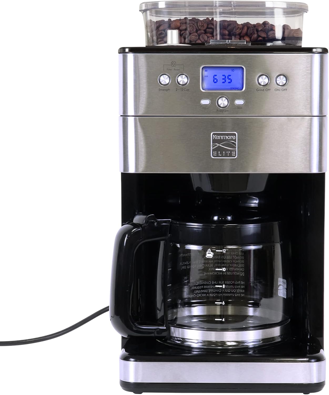 Kenmore Elite Grind And Brew Coffee Maker - Burr Grinding Ground Coffee Bean Hopper With Drip Pot, 12 Cup Programmable Automatic Brew Coffee Machine For Barista Style Cafetera, Use For Kitchen & Café