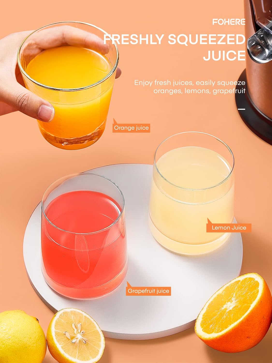 FOHERE Orange Juicer Squeezer Electric Citrus Juicer with Two Interchangeable Cones Suitable for orange, lemon and Grapefruit, Brushed Stainless Steel